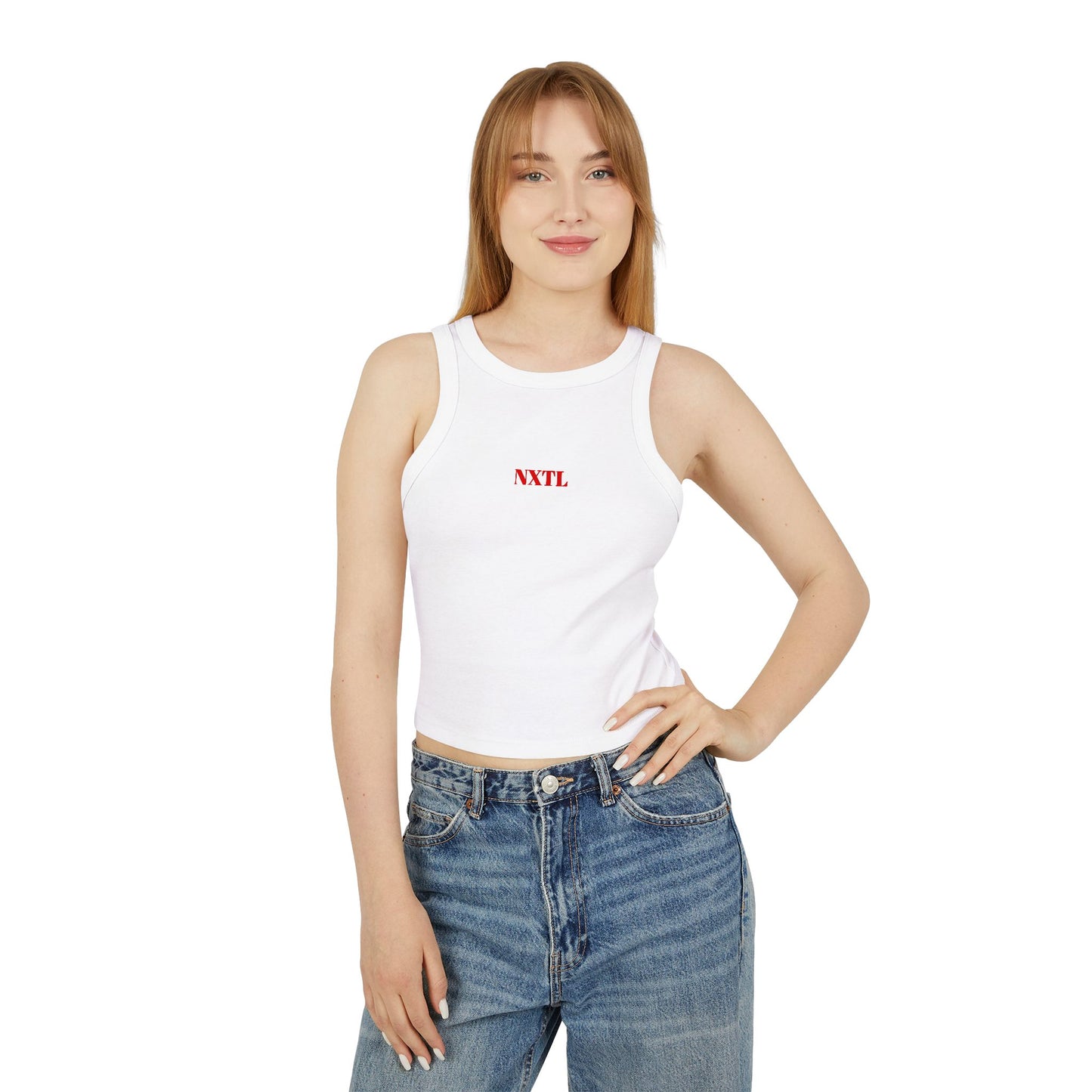 White NXTL women’s micro racerback tank made from soft cotton-polyester blend with bold red front logo worn on model