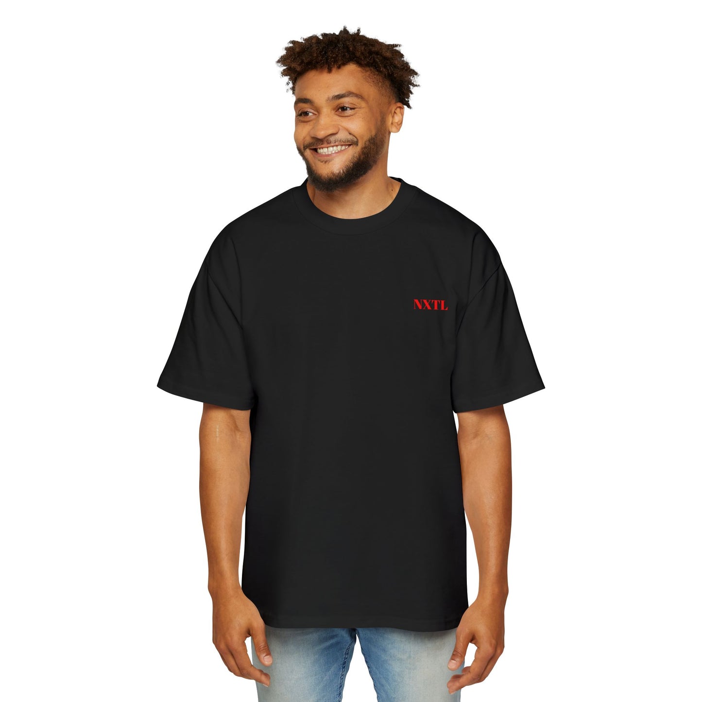 Black NXTL oversized 100% cotton drop shoulder  pump cover t-shirt with front logo worn on model