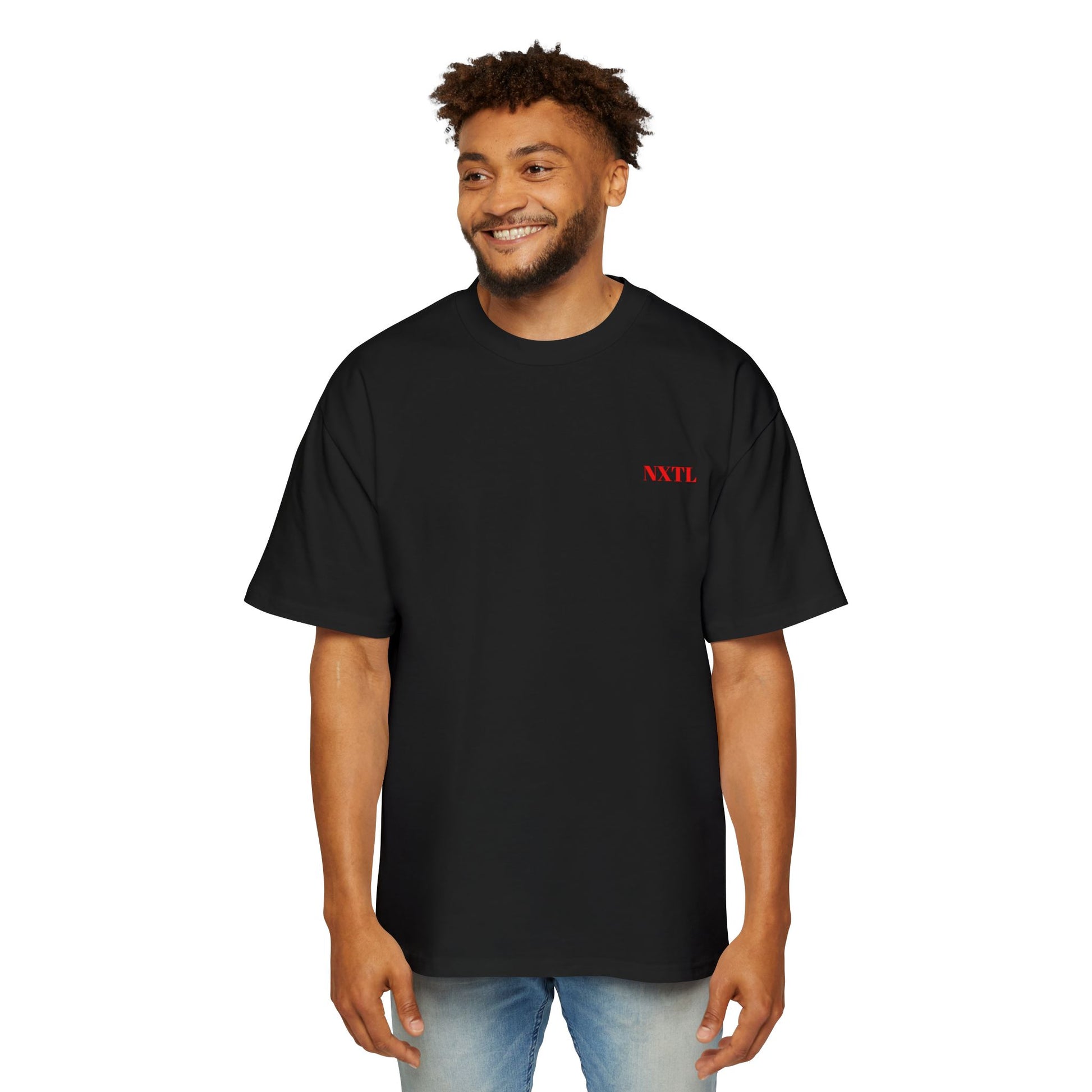 Black NXTL oversized 100% cotton drop shoulder  pump cover t-shirt with front logo worn on model