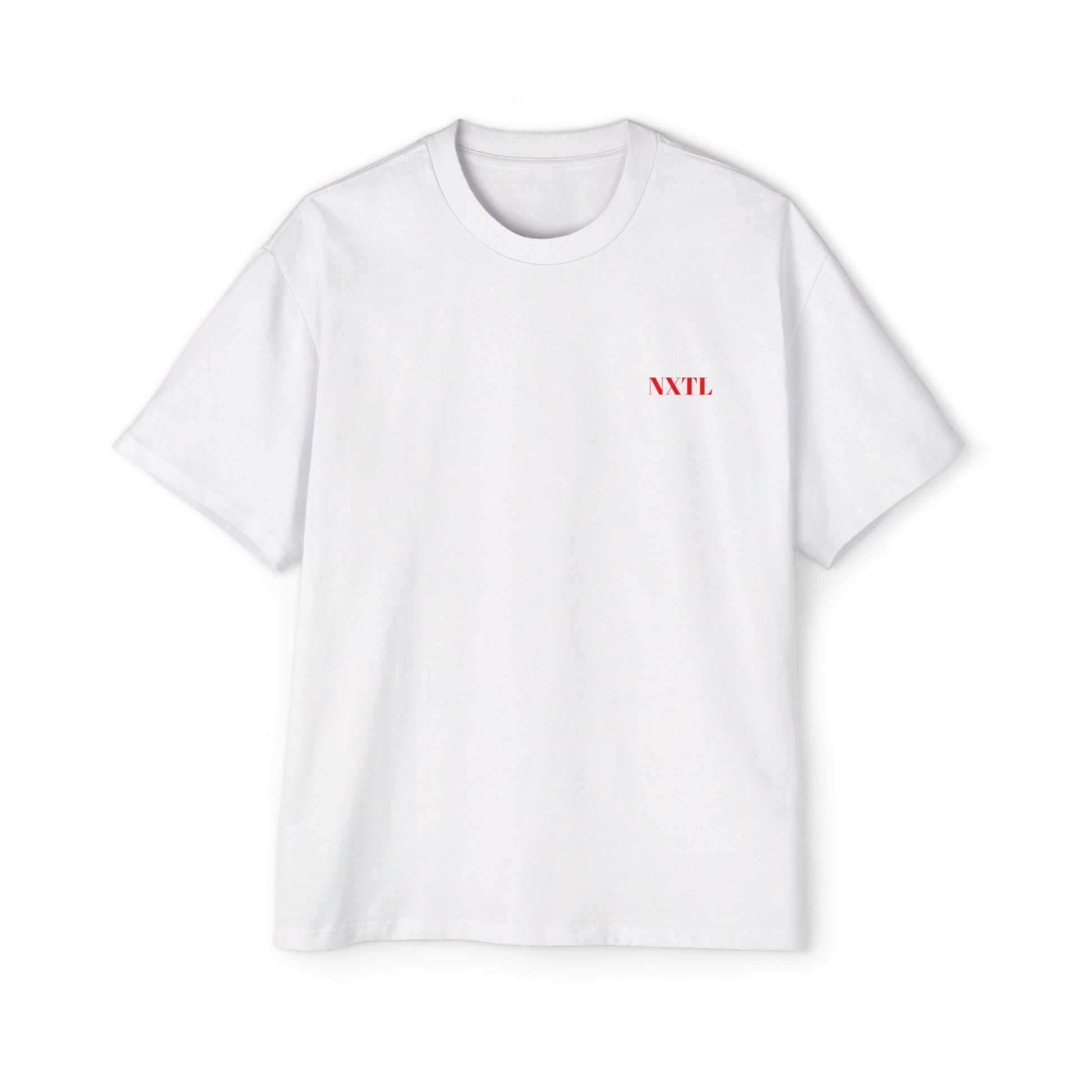 White NXTL oversized 100% cotton drop shoulder pump cover t-shirt with a red front logo