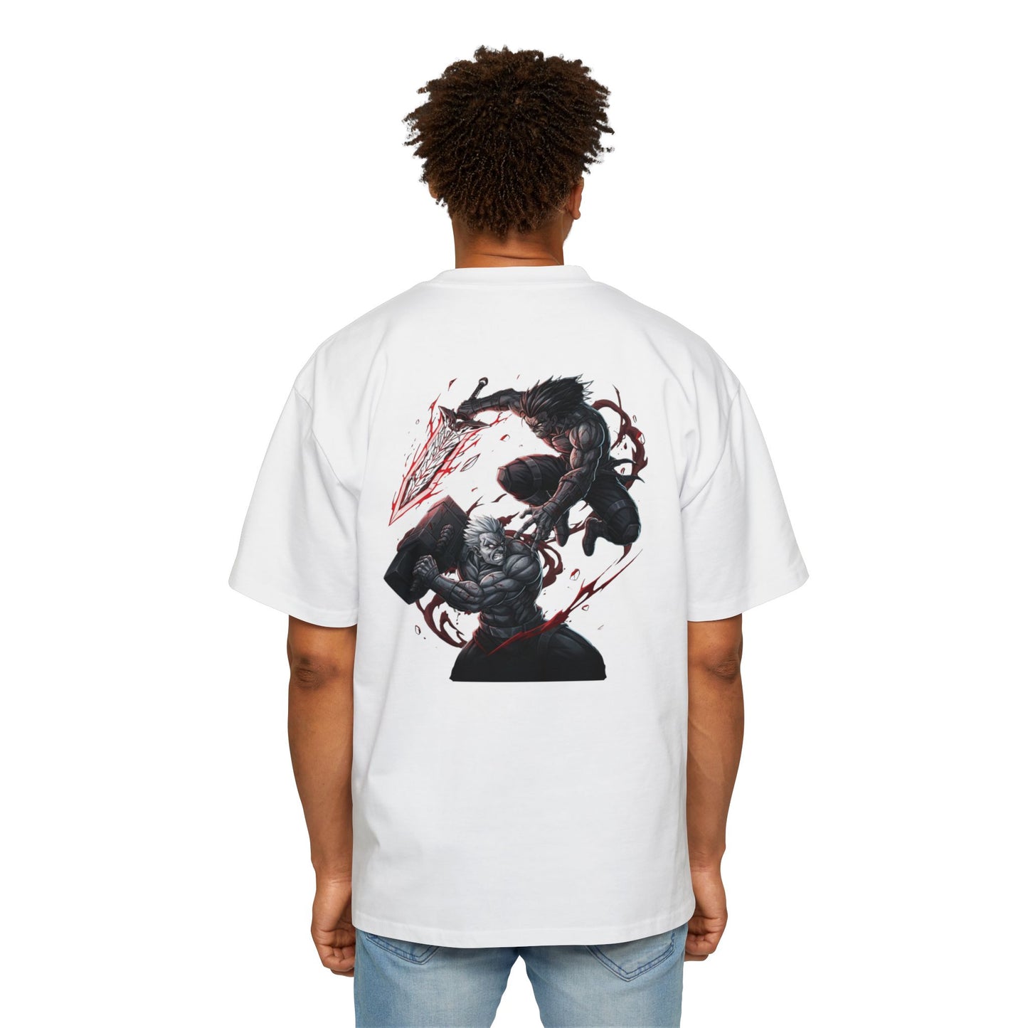 White NXTL oversized 100% cotton drop shoulder pump cover t-shirt featuring anime-style back graphic worn on model