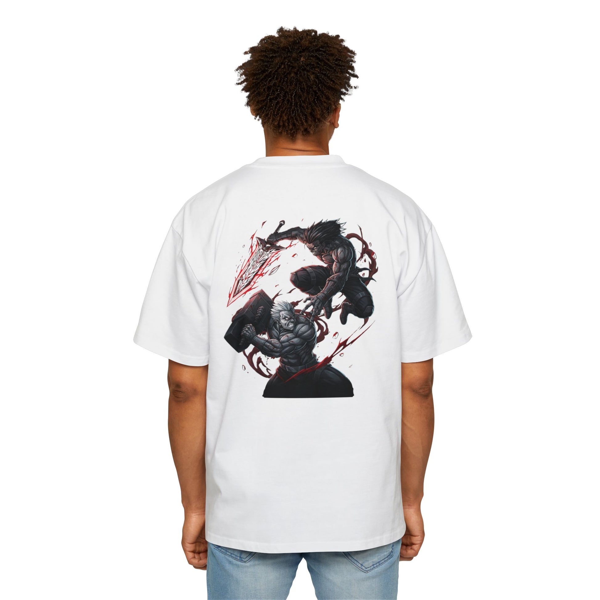 White NXTL oversized 100% cotton drop shoulder pump cover t-shirt featuring anime-style back graphic worn on model