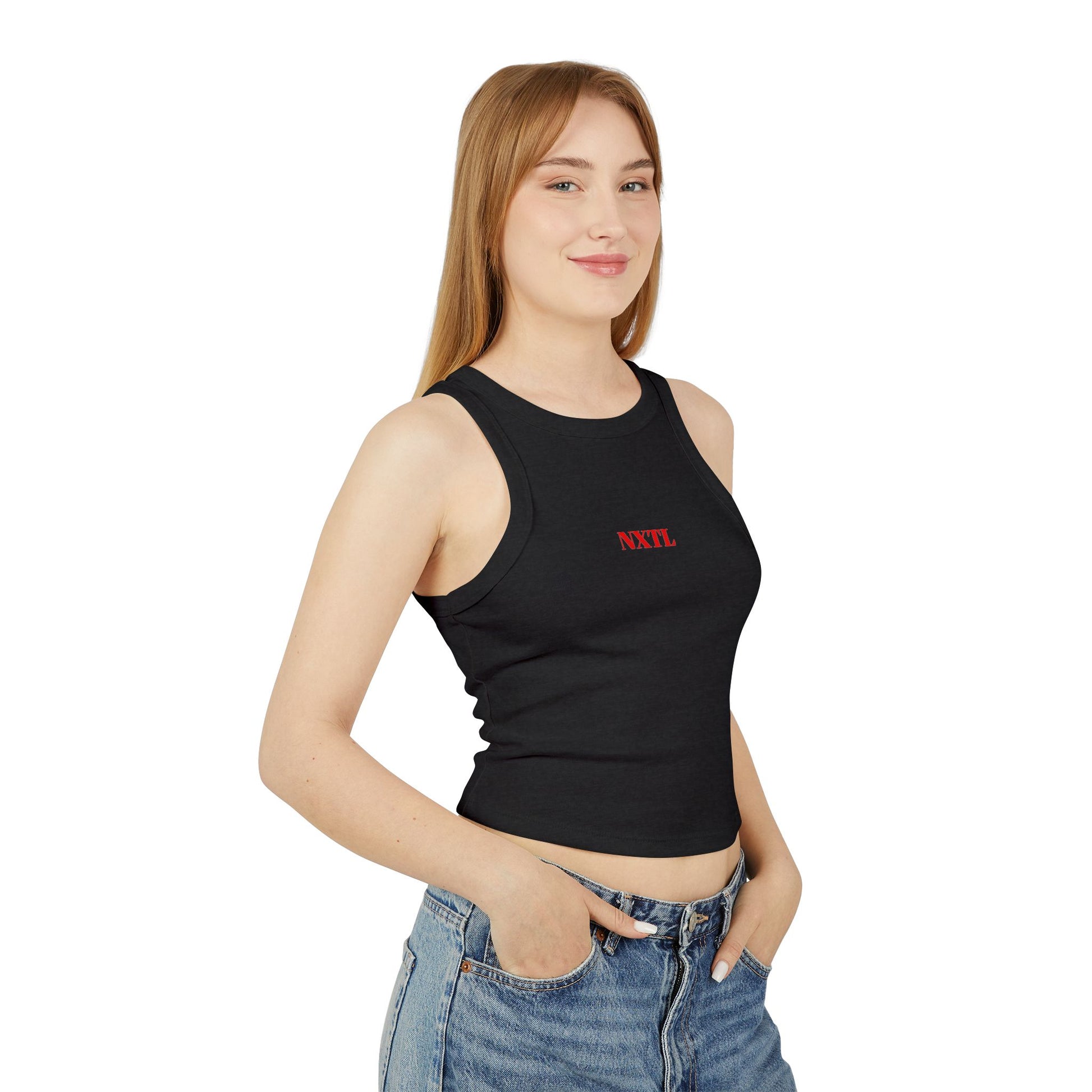 Black NXTL women’s micro racerback tank made from soft cotton-polyester blend with bold red front logo worn on model