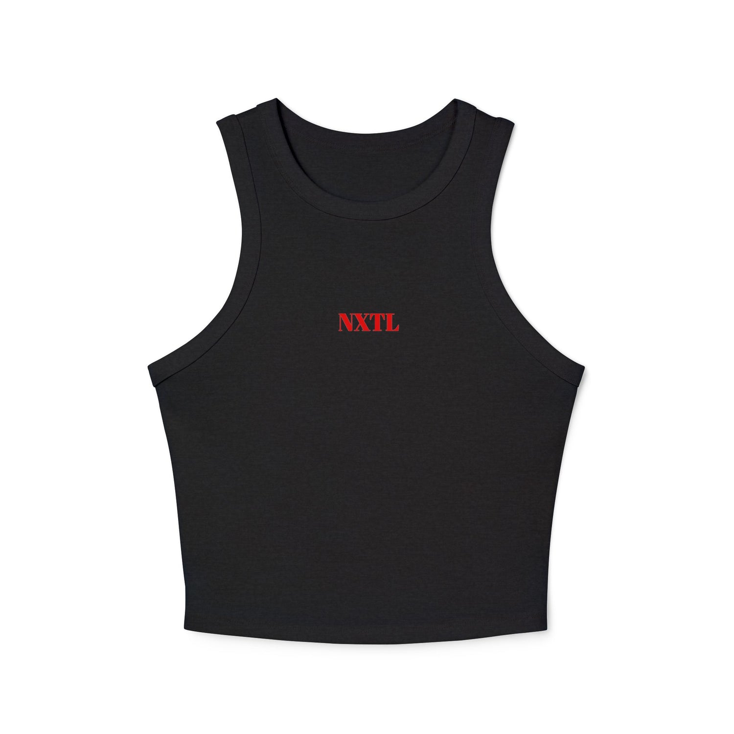 Black NXTL women’s micro racerback tank made from soft cotton-polyester blend with bold red front logo