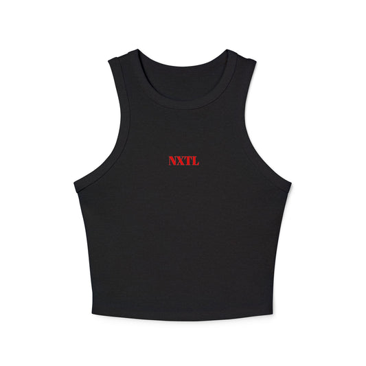 Black NXTL women’s micro racerback tank made from soft cotton-polyester blend with bold red front logo