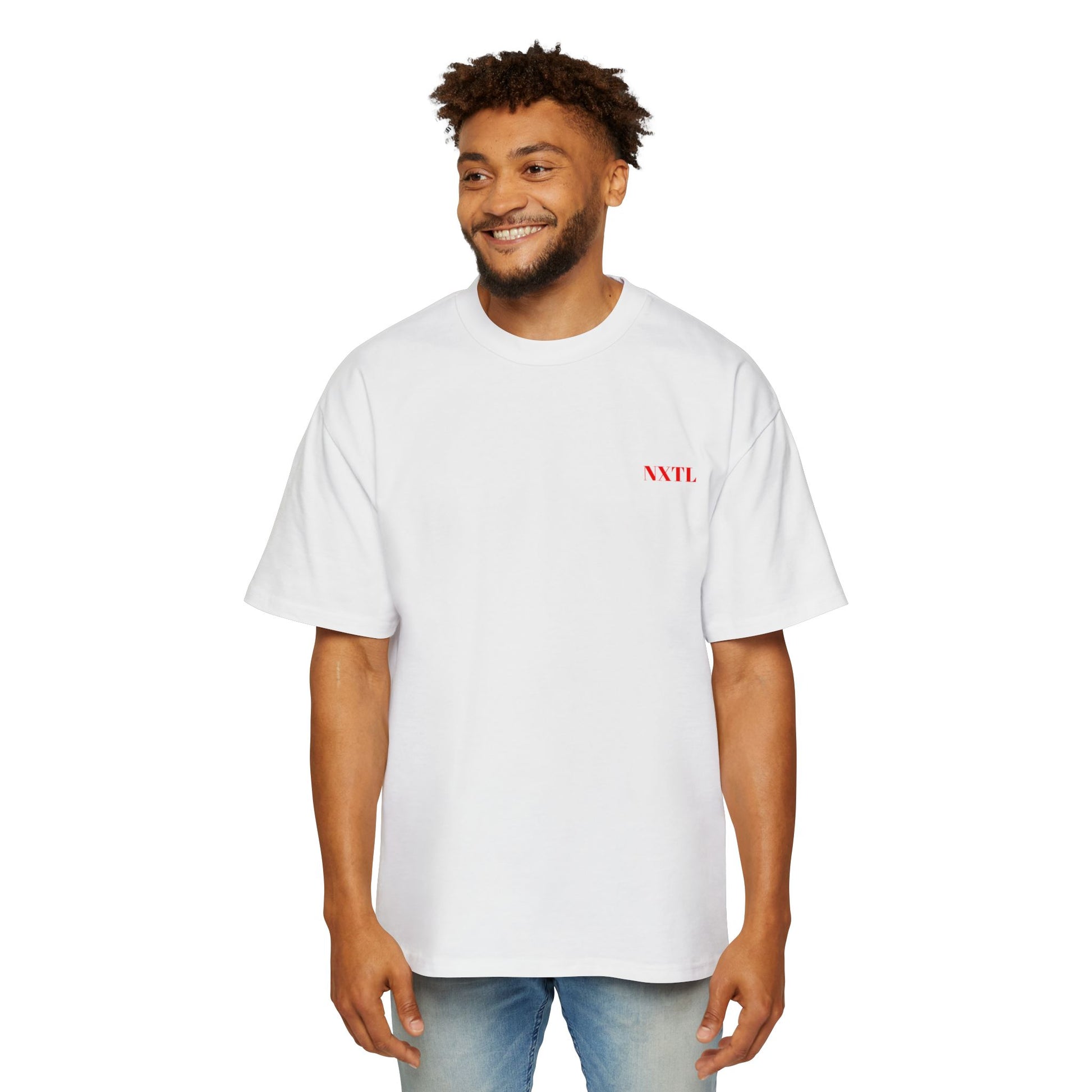 White NXTL oversized 100% cotton drop shoulder pump cover t-shirt with a red front logo worn on a model.