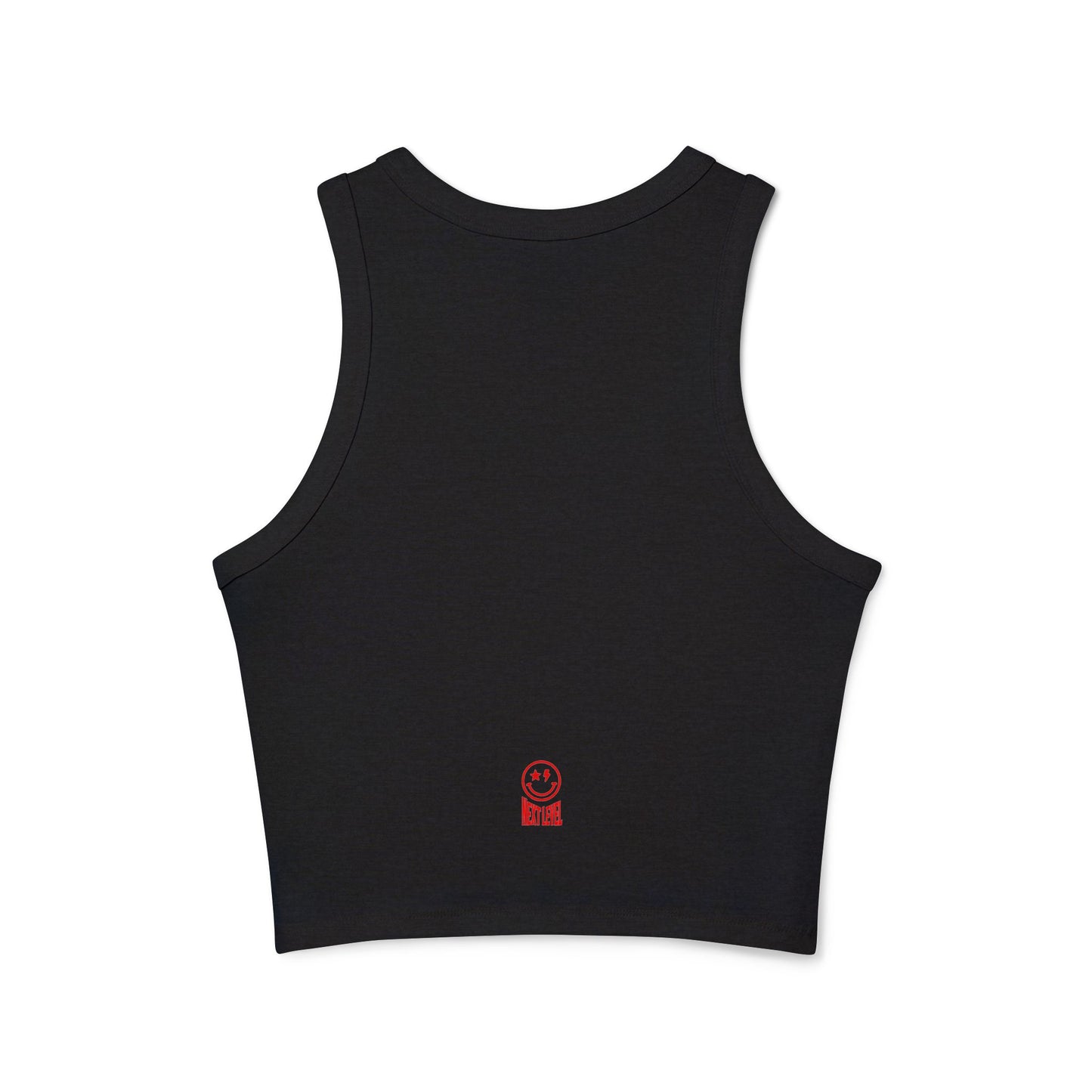 Black NXTL women’s micro racerback tank made from soft cotton-polyester blend with small “Next Level” text and smiley detail on back in red
