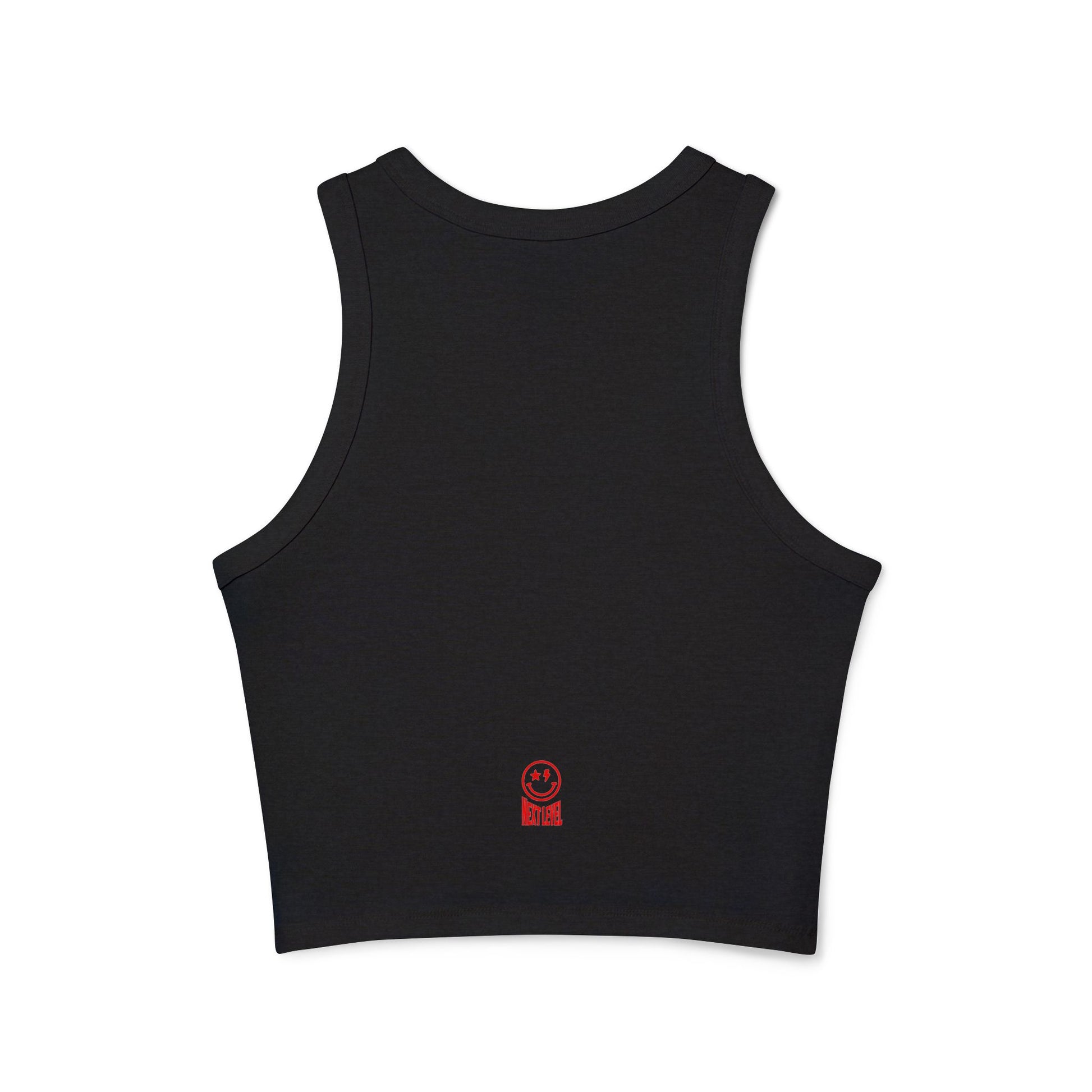 Black NXTL women’s micro racerback tank made from soft cotton-polyester blend with small “Next Level” text and smiley detail on back in red