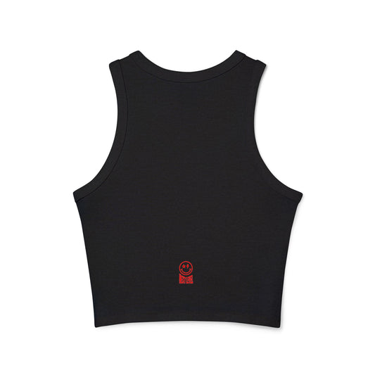 Black NXTL women’s micro racerback tank made from soft cotton-polyester blend with small “Next Level” text and smiley detail on back in red