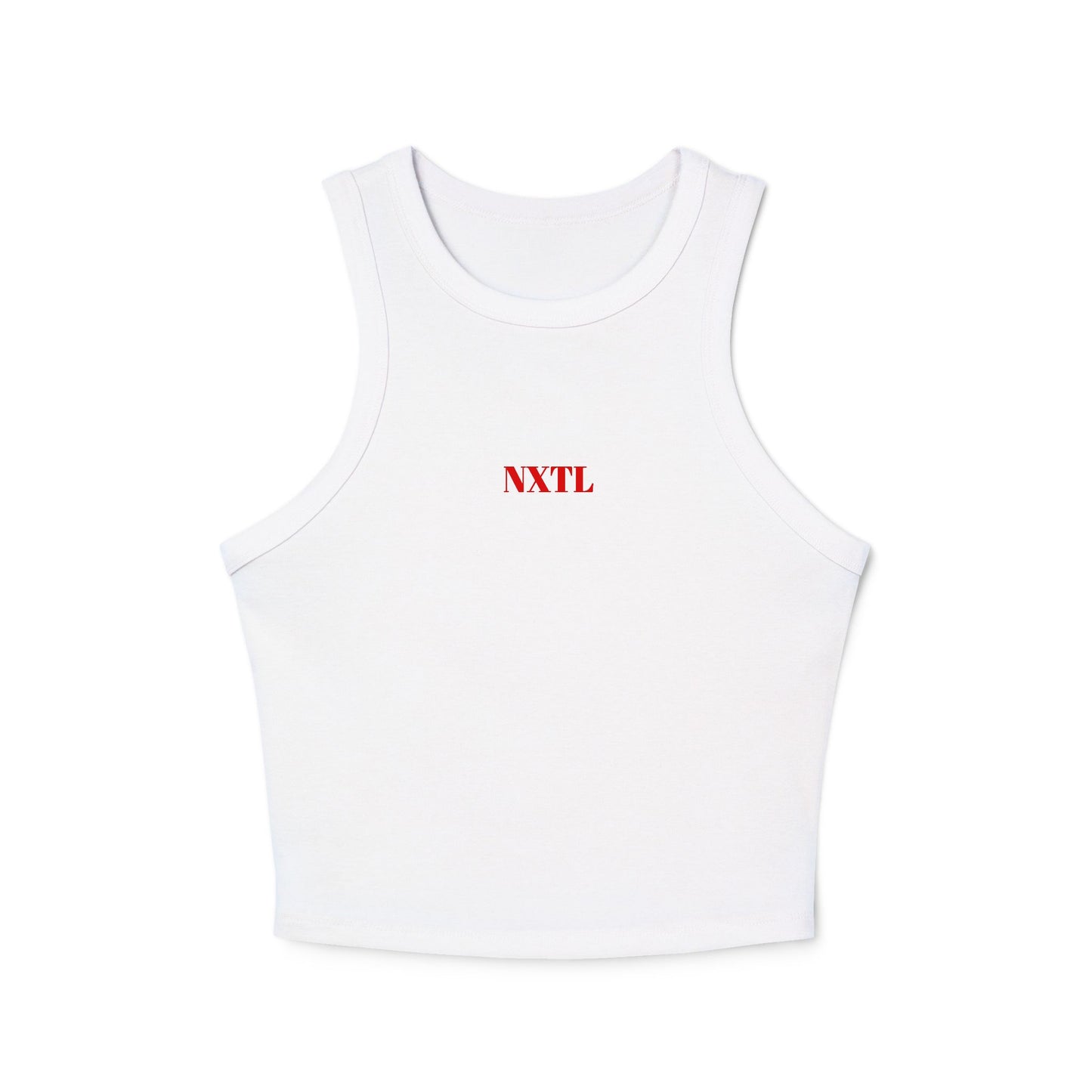 White NXTL women’s micro racerback tank made from soft cotton-polyester blend with bold red front logo